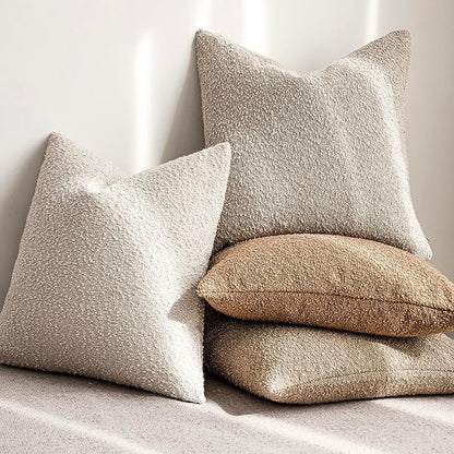 Foindtower Set of 2, Decorative Textured Boucle Throw Pillow Covers Accent Solid Pillow Cases Neutral Cozy Couch Cushion Case for Chair Sofa Bedroom Living Room Home Decor 24 x 24 Inch Ivory Beige