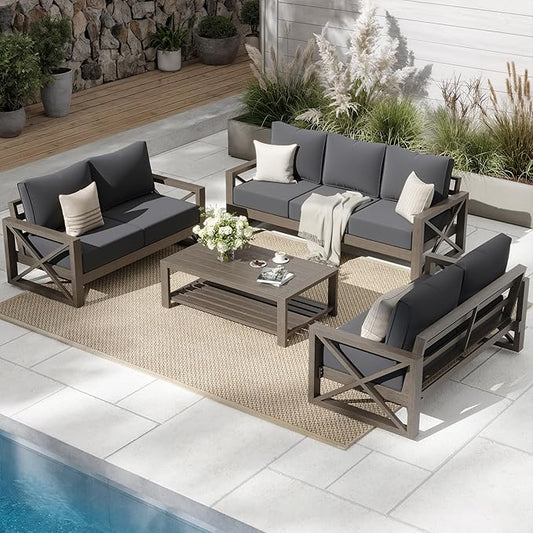 UDPATIO Aluminum Patio Furniture Set, 7 Seats Outdoor Patio Sets with Coffee Table, Faux Wood Patio Furniture Set Metal Modern Outdoor Sectional for Deck Porch Patio, Dark Grey