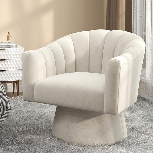 Swivel Accent Chair,Upholstered Velvet 360° Swivel Barrel Chair for Living Room Overstuffed Bouncle Reading Chair Round Armchair for Bedroom,Vanity,Office(Beige)