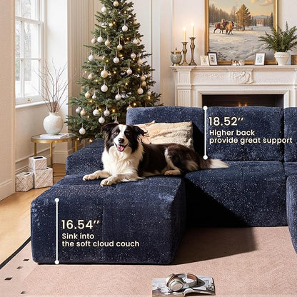 114" Glitter Cloud Sectional Couch with L-Shape Chaise & Ottoman, Modern Boneless Couches for Living Room, Fluffy Tufted Deep Seat Modular Sofa No Assembly (Blue Sparkly Velvet,Right Facing)