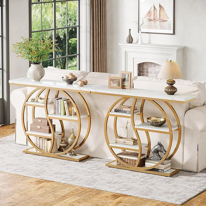 Tribesigns 47.24" Industrial Console Table, 5-Tier Entryway Table with Adjustable Feet, Narrow Long Sofa Table with Storage Shelves for Living Room, Hallway, Behind Couch, Anti-Tip Design (White Gold)