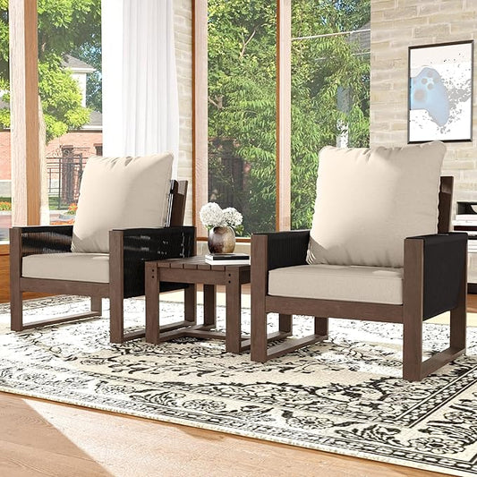 Patio Chairs 3 Piece Wood Patio Furniture with Coffee Table & Cushions, PE Wicker Outdoor Conversation Set Balcony Chairs for Garden, Porch, Deck, Backyard
