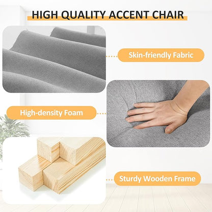 PrimeZone Comfy Accent Chair Set of 2, Mid-Century Modern Fabric Living Room Chair Reading Chair with Soft Cushion, Nailhead Trim & Rolled Armrest, Arm Chair Sofa Chair for Bedroom Waiting Room,Grey