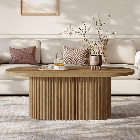 Tribesigns Oval Coffee Table, 47.2" Farmhouse Wooden Center Table with Fluted Design, for Living Room, Office, Apartment, Rustic Brown
