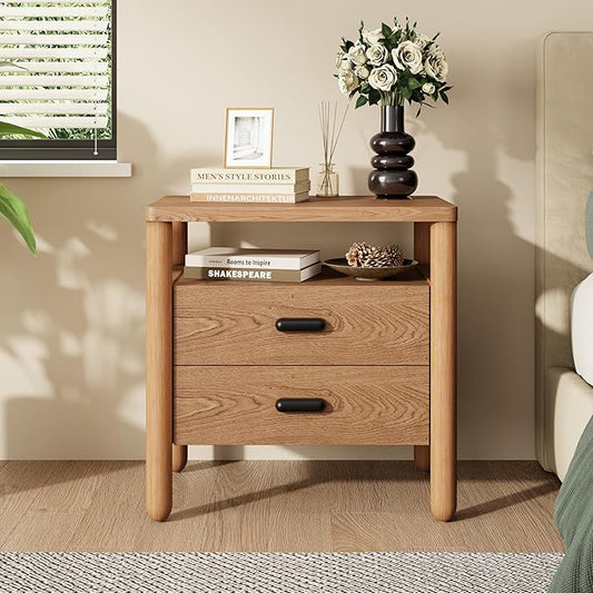 Christopher Knight Home Delwyn Modern Nightstand, Wooden Small Night Stand with Drawers and Open Storage Shelf, Bedside Table/End Table with Rounded Legs, Multipurpose Storage Cabinet, Natural