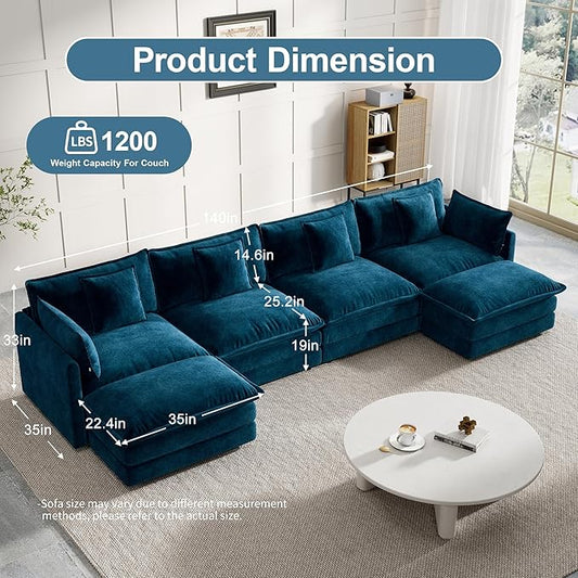 Modular Sectional Sofa, 146.5 Inch U-Shaped Cloud Sofa with Deep Seat Chenille Sofa with Cushions, Four Seater Sectional Sofa for Living Room Apartment,Blue