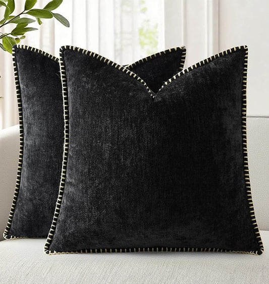 decorUhome Chenille Soft Throw Pillow Covers 16x16 Set of 2, Farmhouse Velvet Neutral Decorative Euro Pillow Covers with Stitched Edge for Couch Sofa Bed Home Decor, Black