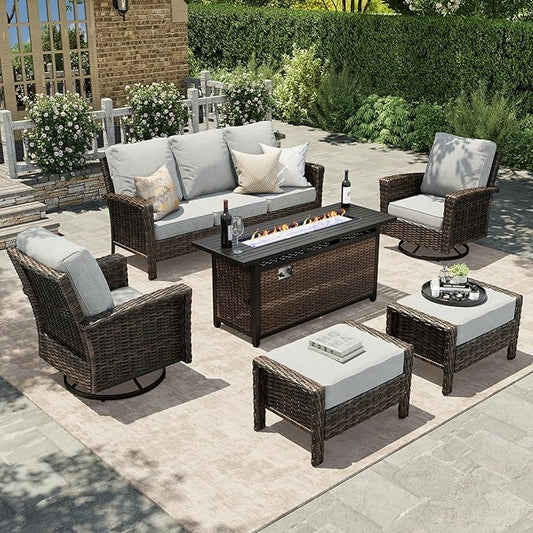 HERA'S HOUSE Grey Patio Furniture Set, High Back Wicker Sofa, Swivel Chairs with 5.5" Thick Cushions, 6-Piece Outdoor Seating Conversation Sets with Fire Pit Table & Ottomans for Deck Yard Garden