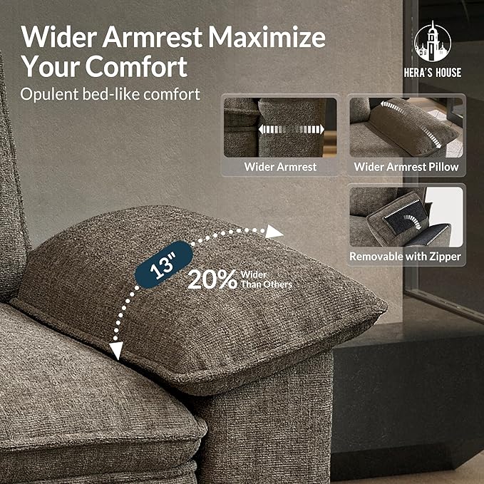 HERA'S HOUSE 124" Modular Sectional Sofa, Oversized U Shaped Couches for Living Room, Comfy Cloud Couch with Ottoman, 5-Seater Deep Seat Sofa with Throw Pillow, Chenille Ash