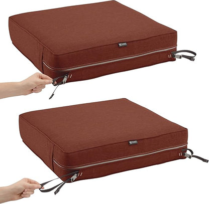 Classic Accessories Montlake Water-Resistant 25 x 25 x 5 Inch Square Outdoor Seat Cushion, Patio Furniture Chair Cushion, Heather Henna Red, Outdoor Cushion Cover