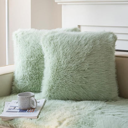 Neelvin Green Faux Fur Cozy Fluffy Double-Sided Decorative Throw Pillow Covers 20x20 inch Set of 2,Velvet Pillowcase Cushion Case for Sofa Couch