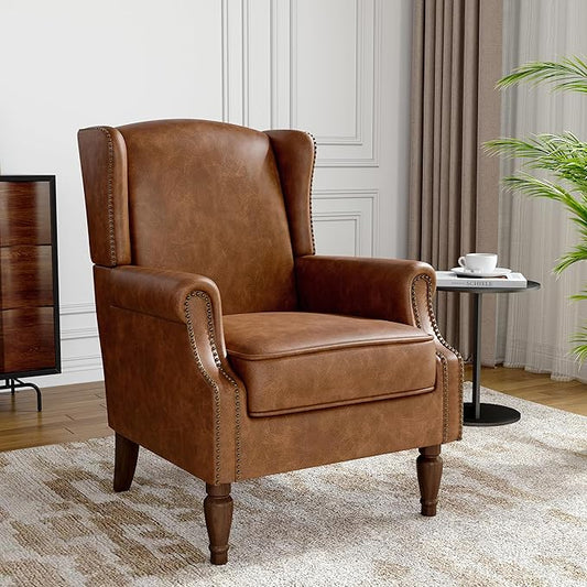 Faux Leather Wingback Accent Chair, High Back Upholstered Armchair, Comfy Fabric Wingback Arms Chairs with Solid Wood Legs, Single Sofa Reading Chair for Bedroom Living Room, Brown