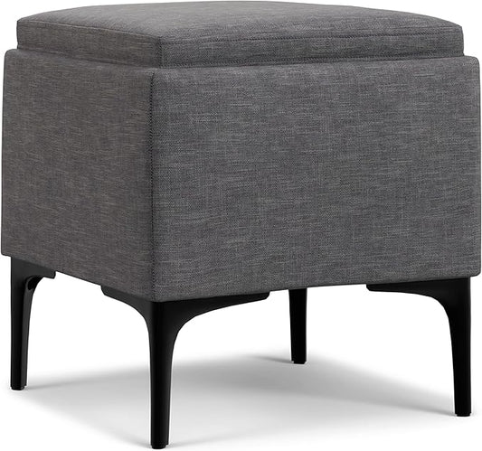 SIMPLIHOME Natasha 18 inch Wide Mid Century Square Mid Century Storage Ottoman with Tray in Slate Grey Polyester Linen, Assembled, For the Living Room, Entryway and Family Room