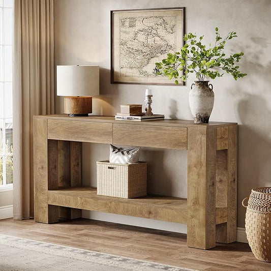 Tribesigns 63-Inch Console Table with 2 Drawers, 2-Tier Wooden Sofa Table Behind Couch, Farmhouse Entryway Console with Storage Shelf & Sturdy H-Shaped Legs for Living Room, Entrance, Hallway