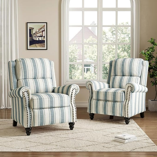 Pushback Recliner Chairs Set of 2, Comfy Fabric Wingback Recliner Chair, Upholstered Armchair Push Back Recliner with Wood Legs, Rivet Trim Accent Chair for Living Room, Bedroom, Blue Stripe