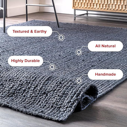 nuLOOM 2x10 Rigo Jute Hand Woven Area Rug, Navy, Solid Farmhouse Design, Natural Fiber, For Bedroom, Living Room, Dining Room, Hallway, Office, Kitchen, Entryway