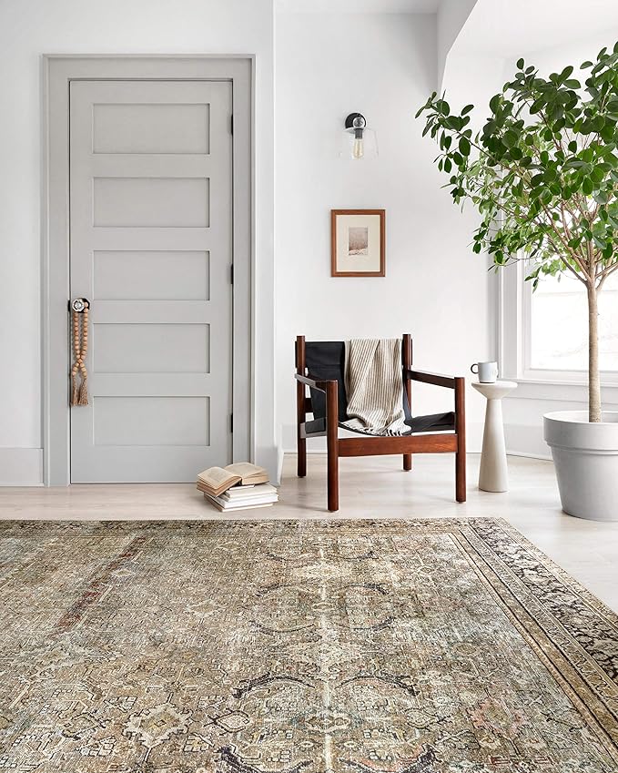 Loloi Layla Collection LAY-03 Olive/Charcoal 2'-0" x 5'-0" .13" Thick Accent Rug, Soft, Durable, Vintage Inspired, Distressed, Low Pile, Non-Shedding, Easy Clean, Printed, Living Room Rug