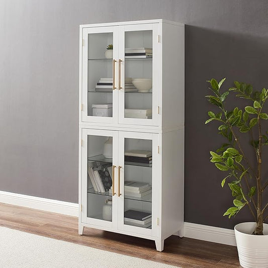 Crosley Furniture Roarke Glass Door Kitchen Pantry Storage Cabinet with Doors and Shelves, Living Room, White