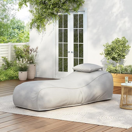 Christopher Knight Home Morton Outdoor Bean Bag Chair, Fabric Bean Bag Chair for Adults and Kids, Indoor/Outdoor Sun Lounger with Headrest, Patio Chaise Lounge Chair, Light Gray