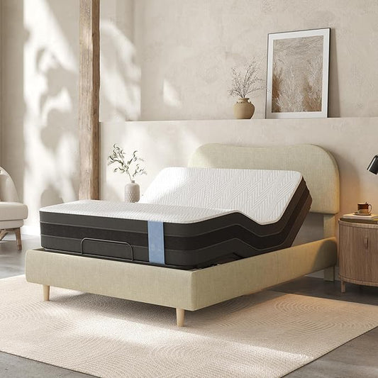 FLEXISPOT Queen All-in-One Adjustable Bed with 12" Gel Memory Foam Mattress, Linen Upholstered Bed Frame, Head & Foot Incline, Adjustable Headboard, 10-Year Warranty, Sage