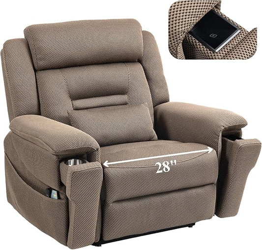 Big Man 400 lbs Recliners 28 Inch Wide Seat, Oversized Power Lift Recliner for Elderly Adults with Heat Massage, Lay Flat Recliner Chair Cup Holder & Wireless Phone Charger, USB Type C Charging