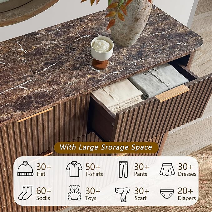 win2win 6 Drawer Dresser, Mid Century Modern Dresser with Storage, 47" Wide Fluted Chest of Drawers with Faux Marble Top, Dressers TV Stand, Drawers Organizer for Bedroom, Living Room, Hallway Walnut
