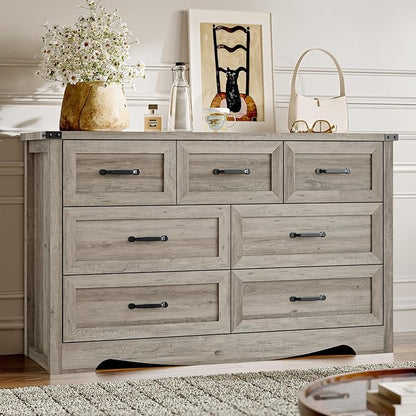 7-Drawer Dresser for Bedroom, Modern Wooden Chest of Drawers with Metal Handles, Anti-Tipping Design, Sturdy and Stable Storage Organizer for Living Room, Entryway, Home Office