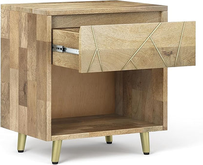 SIMPLIHOME Jager Bedside Table - 22 inch Wide Solid Mango Wood Nightstand in Natural, Mid Century Contemporary Bedroom Side or End Table with Brass Metal Inlay, 1 Drawer, and Open Storage