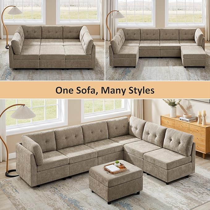 VANOMi 6 Seat Cloud Modular Sofa, 118" Convertible Sectional Cloud Sofas & Couches for Living Room, Comfy Chenille Sectional Couches for Living Room, Apartment, Office, Camel, Sofa Bed