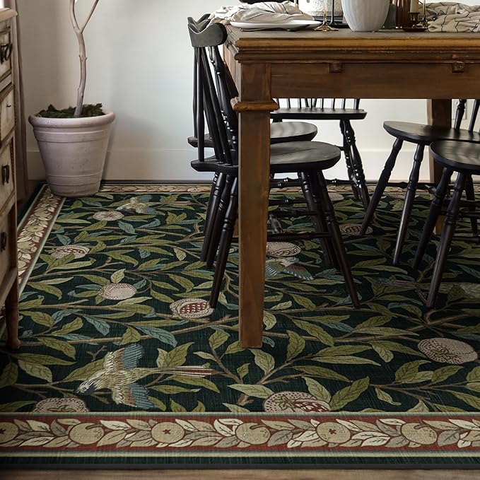 RUGGABLE x Morris & Co Washable Area Rug – Pomegranate Blue Green 9x12, Stain-Resistant, Non-Slip – Large Machine Washable Rugs for Living Room, Bedroom, Hallway, Entryway & Office–with Standard Pad