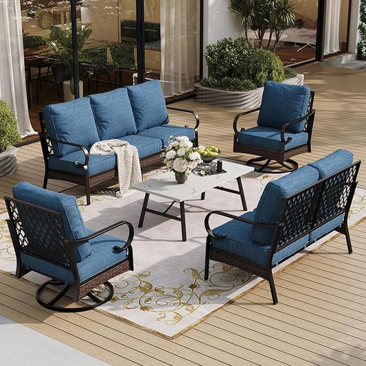 5 PCS Metal Outdoor Patio Furniture Set, Patio Conversation Set with 1 3-Seater Sofa, 2 Swivel Sofa, Coffee Table - Black & Blue