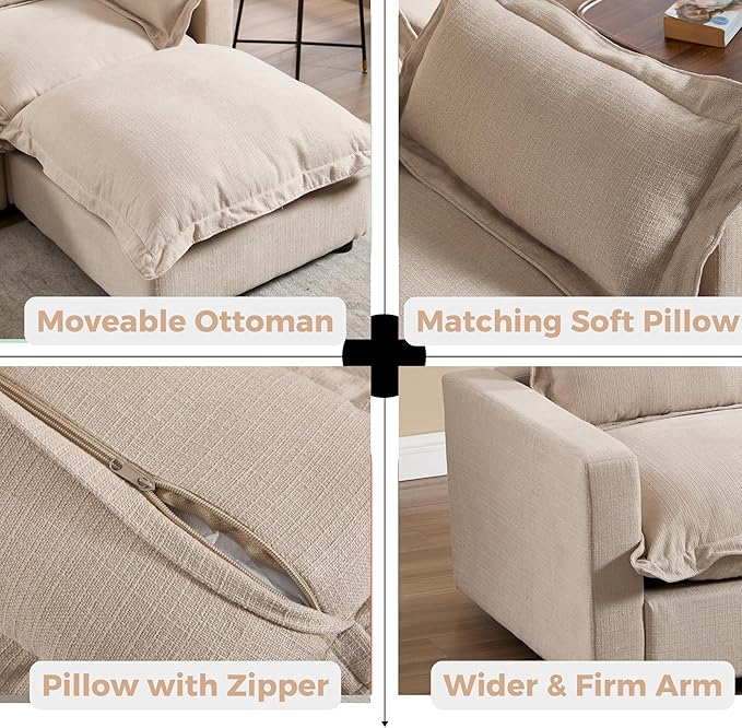 chairus 97" Modular Sectional Sofa with Moveable Ottoman Upholstered Deep Seat Linen Couch Set with Soft Pillows L-Shape Sofa Couch for Living Room, Apartment, Reception Room, 3-Seater/Oatmeal