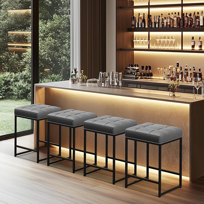 Yaheetech Bar Stools Set of 2, 24 Inch Counter Height Bar Stools Set, Backless Kitchen Island Stools, Faux Leather Stools for Kitchen Counter, Grey