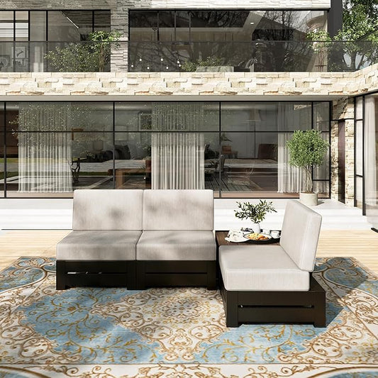 HERA'S HOUSE Patio Furniture Set, 4 Pieces All-Weather Outdoor Sectional Sofa with 28" Coffee Table & 5.9" Thick Waterproof Cushions, Modular Conversation Set for Garden Deck Backyard (Easy Assembly)