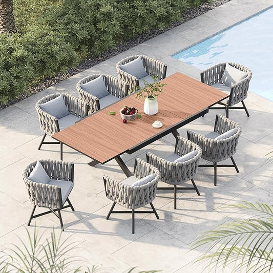 Grand patio 9-Piece Outdoor Dining Set for 8, Patio Dining Furniture Set for 8 Swivel Rope Wicker Chairs & 1 Extendable Rectangular Dining Table, Light Gray Brown