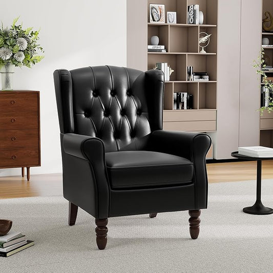 Mid-Century Modern Wingback Accent Chair - Luxe PU Faux Leather Upholstery with Solid Wood Legs, Ergonomic High Back Design - Water Resistant Living Room, Bedroom & Home Office Chair (Black)