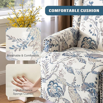 Premium 360° Swivel Recliner Chair with Footrest - Luxurious Cotton Linen & Botanical Design-Bule Plant