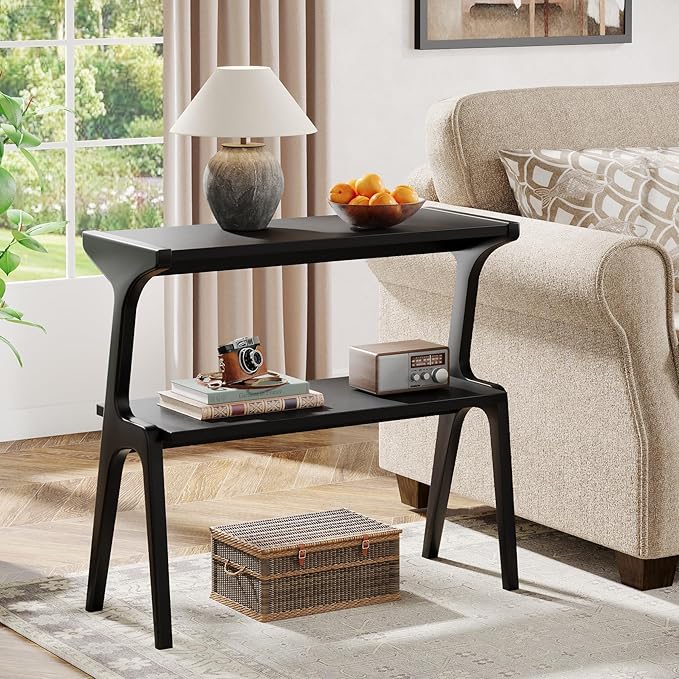 Tribesigns Set of 2 Solid Wood Side Table, 2-Tier Modern Slim Couch Side Table with Storage Shelf, Sofa End Table with Deer-Shaped Legs for Living Room, Skinny Bedside Nightstand for Bedroom, Black