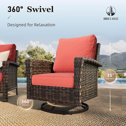 HERA'S HOUSE Red Patio Furniture Set, 6-Piece Outdoor Seating Conversation Sets with High Back Wicker Sofa, Swivel Chairs with 5.5" Thick Cushions, Fire Pit Table & Ottomans for Deck Yard Garden