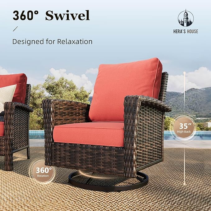 HERA'S HOUSE Red Patio Furniture Set, 35" High Back Swivel Chair with 5.5" Thick Cushions, Oversized Outdoor Wicker Conversation Set for Deck Garden Poolside Backyard Lawn