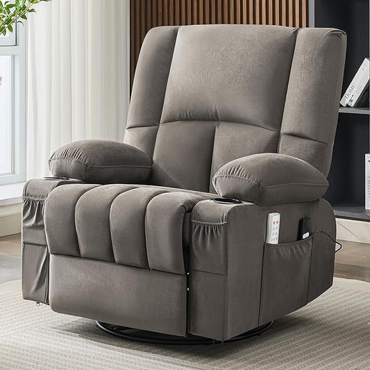 Oversized Recliner Chairs for Adults, 270° Swivel Rocking Recliner with Heat and Massage Lazy Boy Recliner,Recliner Chairs Single Sofa Seat with Cup Holders(Grey, Electric)