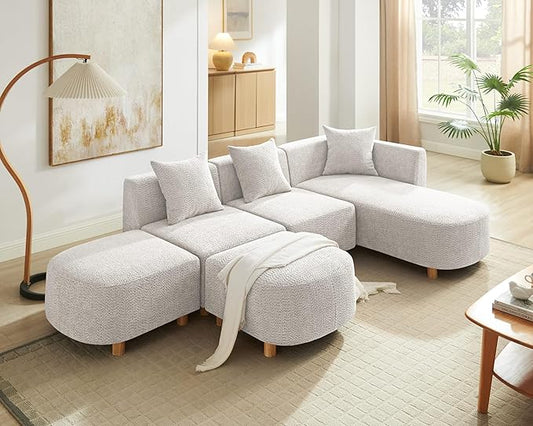 VANOMi 109.84" Modular Sectional Sofa with 3 Pillows, Convertible 5-Seater Comfy Boucle Cloud Couch with Ottoman, Modern Sectional Sofas for Living Room, Office, Apartment (Camel)