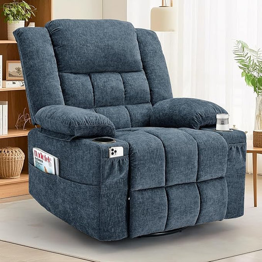 Adult 360° Swivel Rocking Recliner, Nursery Glider Lounger with Massage and Heating, Rocking Chair with Cup Holder, Living Room and Bedroom Manual Chair (Fabric, Blue)