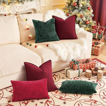 decorUhome Christmas Red Chenille Throw Pillow Covers 12x20 Set of 2 Thick Textured Slubby Couch Pillow Covers Farmhouse Accent Modern Neutral Decorative Pillow Cases for Bed Sofa Living Room