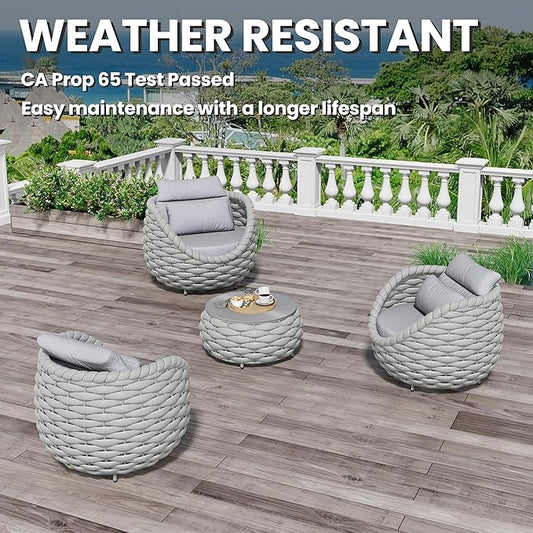 4 Pieces Courtyard Seating Set: Aluminum Woven Rope Patio Furniture Chair Set - All Weather Metal Outdoor Conversation Set - Assembled Armchair with Table Set for Bistro Deck Porch Balcony, Grey