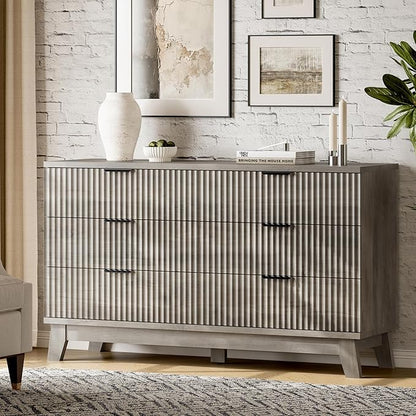 Fluted Dresser with 6 Drawers, 54" Wide Modern Chest of Drawers with Metal Handle, Wooden Dresser TV Stand, Wood Closet Clothes Storage Organizer for Bedroom, Living Room, Hallway, Light Grey