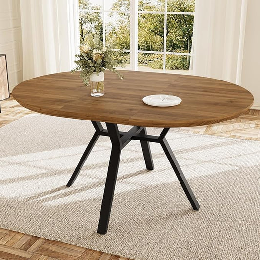 43.2"-59.1" Extendable Round Dining Table for 4-6 People, Modern Kitchen Oval Dining Table with Flexible Leaves Space Saving, Metal Base for Kitchen Dining Room (Walnut)