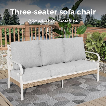 Patio Furniture Sofa, 3-Seat Patio Sofa Steel Frame Outdoor Sectional Couch with Deep Seating and 5.5” Cushions for Lawn Backyard Porch Deck, Light Gray