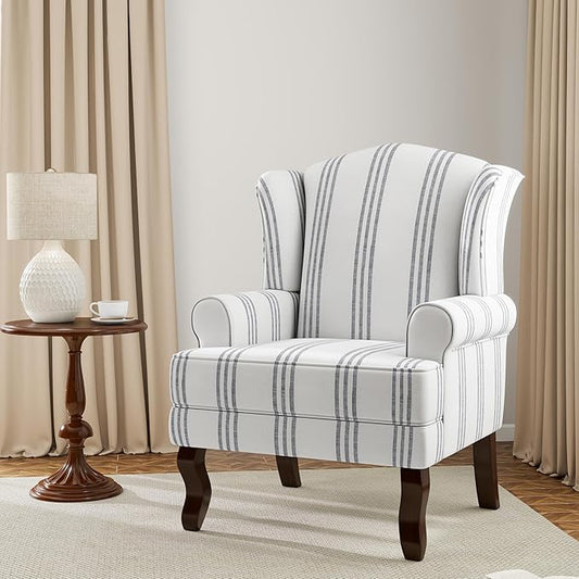 Accent Chair, High Back Upholstered Armchair with High Resilience Sponge & Wood Legs, Mid-Century Modern Comfy Single Sofa Reading Chairs for Living Room, Bedroom - Stripe Navy, Set of 1