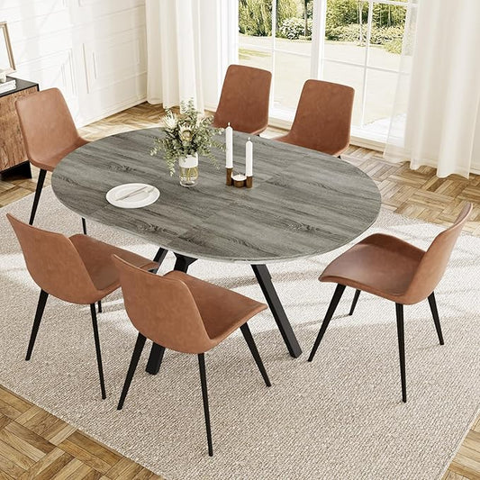 Extendable Round Dining Table Set for 6 People, 43.3"-59.1" Extendable Kitchen Table with 6 Upholstered Chairs, Space Saving for Kitchen Dining Room (Grey Table+6 Brown Chairs)